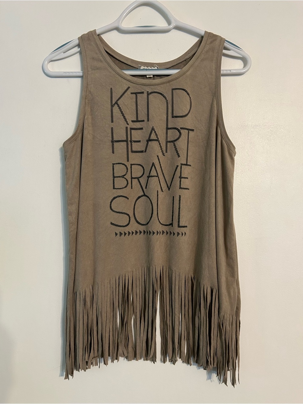 Women’s Fringe Tank Top Brown Faux Suede Soft "Kind Heart Brave Soul" Medium